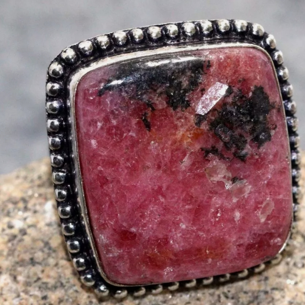 Artisan Rhodonite 925 Silver Plated Ring, Size 7